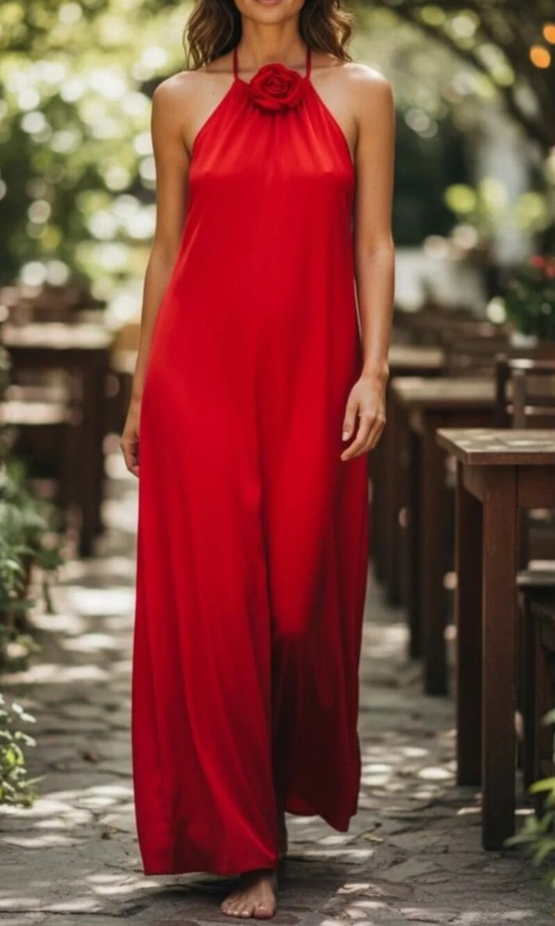 Lucy Paris Red Halter Maxi Dress Size XL NWT 3D Rosette Flower Open Back Party